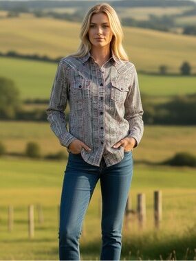 Cruel Girl Black & White Button-Down Western Shirt with Subtle Pink Accents